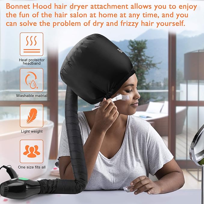 Hair Dryer Bonnet Attachment – 28.5" XL Hooded Dryer Cap for Faster Drying & Deep Conditioning, Extra-Large Space Fits Thick, Curly Hair & Styling Tools (Black, Universal)