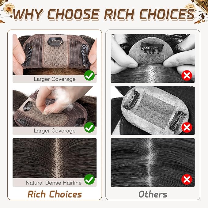 Rich Choices Hair Toppers for Women Real Human Hairs With Bang 100% Remy Human Topper for Thinning Hair Clip in Silk Base Topper 10 Inch #1B Natural Black