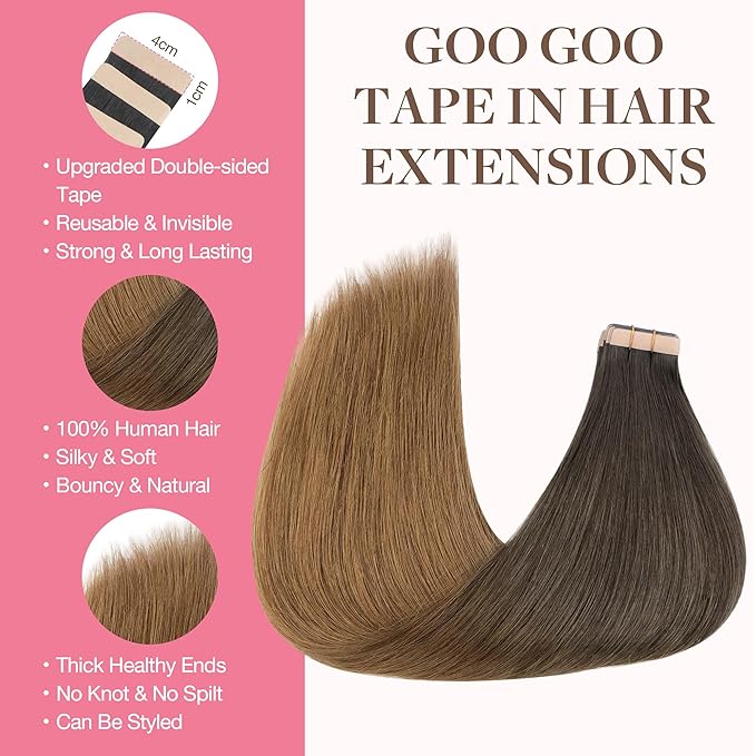 GOO GOO Tape in Hair Extensions Human Hair, 1D/2C/4E Chocolate Dip Color Melt, 14inch 50g 20pcs, Skin Weft Seamless Invisible, Silky Straight with Thick Ends, Remy Human Hair