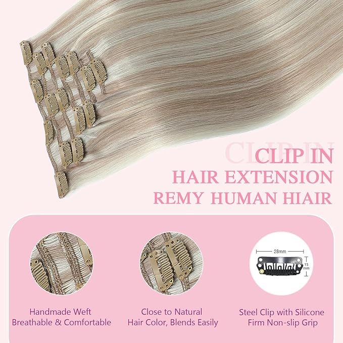 PINKPEARL Clip in Hair Extensions #18P1000 Ash Blonde Highlighted Gray Blonde 7pcs 22Inch 120g Real Remy Hair Extensions Clip in Human Hair(#18P1000-22)