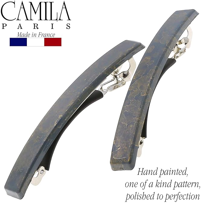 Camila Paris CP3076 French Hair Barrette Clip for Girls, Set of 2 Grey Rubberized Metal Clasp Strong Hold Grip Hair Clips for Women, No Slip Durable Styling Girls Hair Accessories, Made in France