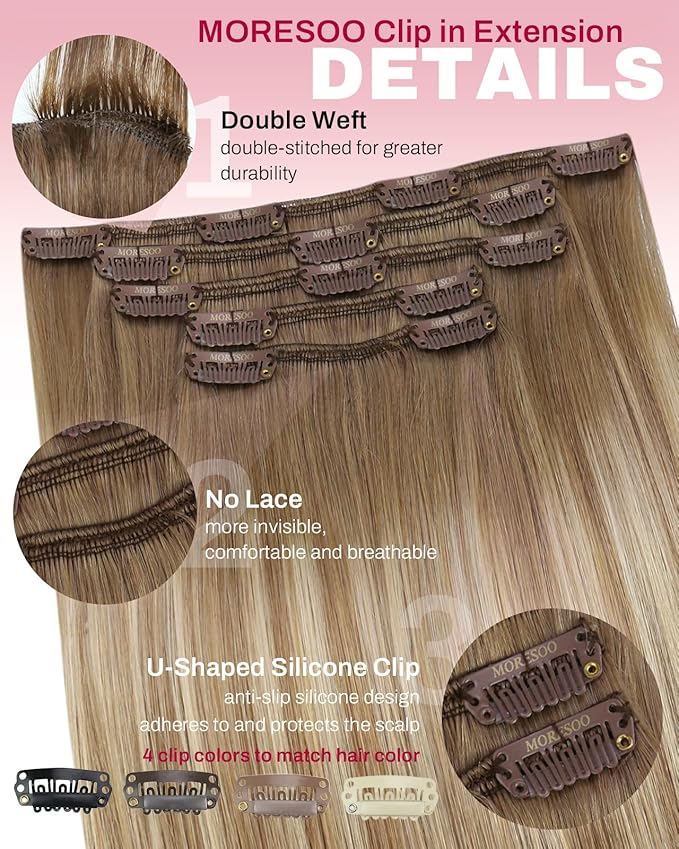 Moresoo Human Hair Clip in Extensions Light Brown Blonde Balayage Hair Extension Clip ins Ombre Light Brown to Medium Blonde for Women Short 80g/5pcs 14 inch