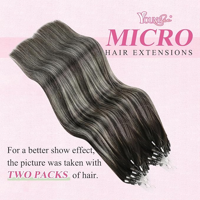 YoungSee Micro Loop Hair Extensions Real Human Hair Ombre Microlink Hair Extensions Balayage Black with Silver Microbead Hair Extension Human Hair Straight 24 Inch for Prom 50g 50s