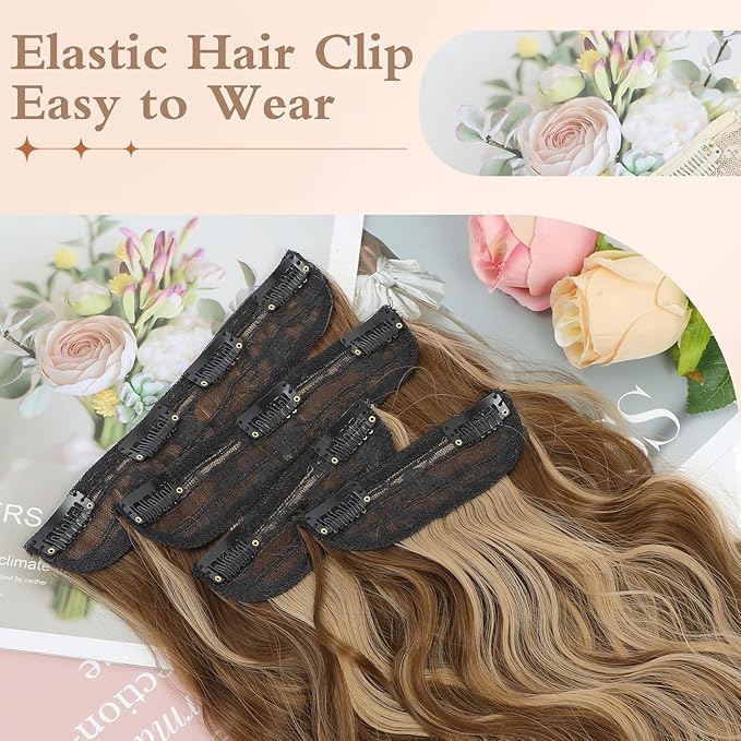 Clip in Hair Extensions, 20 Inch Caramel Brown Mixed Golden Blonde, 4PCS Long Wavy Clip Ins Synthetic Fiber Curly Hair Extensions Full Head Thick Hairpieces