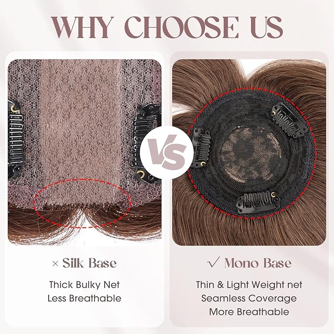 MY-LADY Human Hair Toppers for Women Real Human Hair with Bangs Thin 8.5 * 8.5CM Mono Base Clip in Remy Hairpieces Light Weight 14 Inch Golden Brown Mixed Bleach Blonde