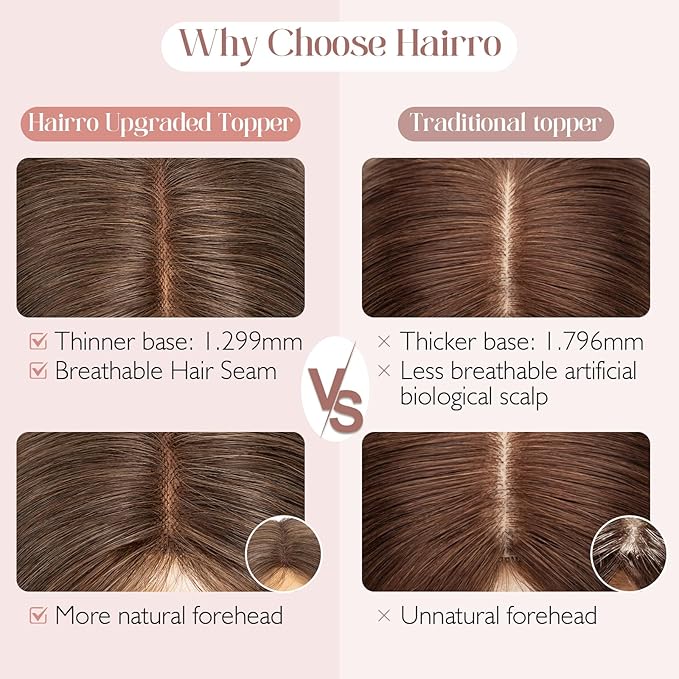 Hairro 100% Human Hair Topper No Bangs, Real Clip in Hair Hairpieces for Women, 3.94x4.72" Silk Base for Thinning Receding High Hairline, 12 Inch Dark Brown Middle Part