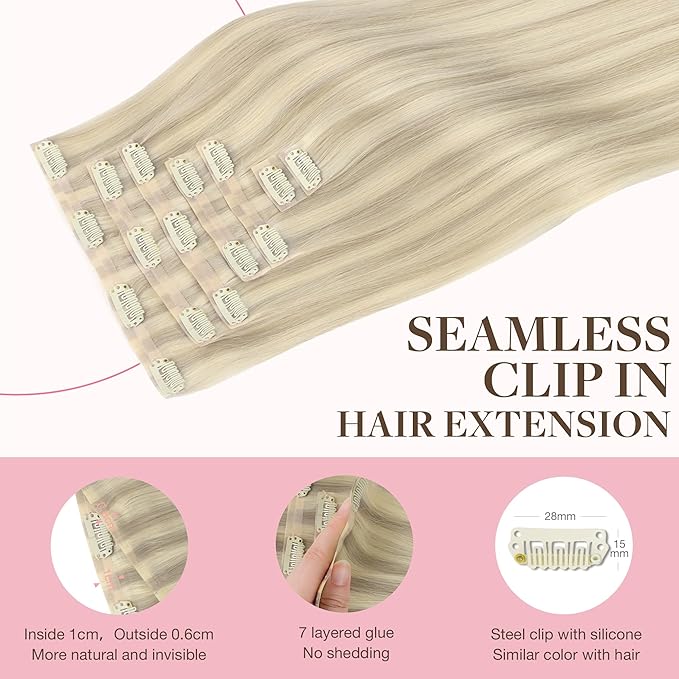 GOO GOO Clip in Hair Extensions Real Human Hair, Remy Human Hair Extensions Clip ins for Women, Natural Human Hair, 18inch 110g 7Pcs, 17A/60A Ash Blonde Highlighted Platinum Blonde