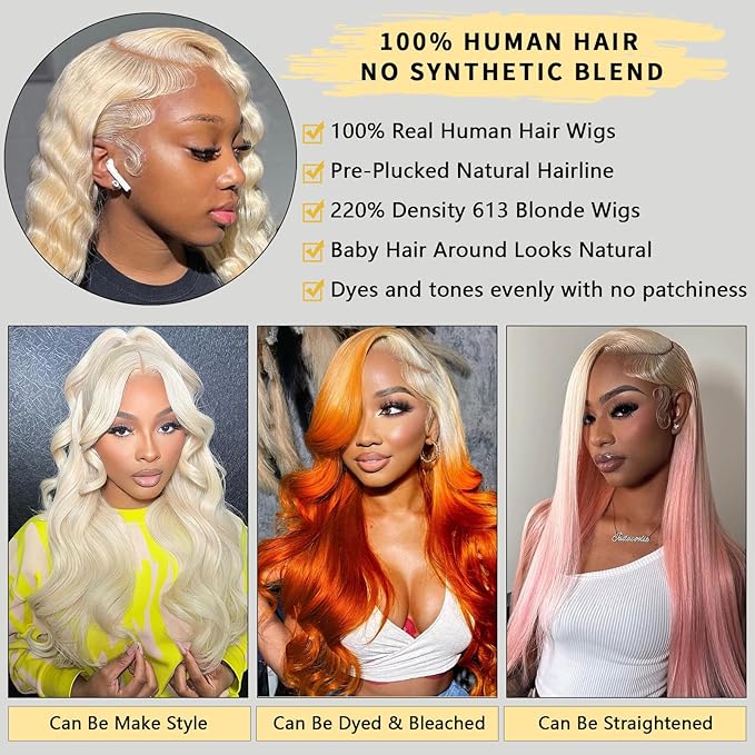 13X6 613 Lace Front Wig Human Hair 32 Inch Hd Glueless Lace Wig 220% Density Body Wave Blonde Lace Front Wig Pre Plucked 100% Real Human Hair Triple Lifespan 3X No Tangle No Shedding No Synthetic