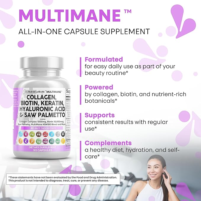 Clean Nutraceuticals Collagen Pills 1000mg Biotin 10000mcg Keratin Saw Palmetto Hyaluronic Acid - Hair Skin & Nails Vitamins & DHT Blocker with Vitamin E Folic Acid Pumpkin Seed MSM - 90 Count