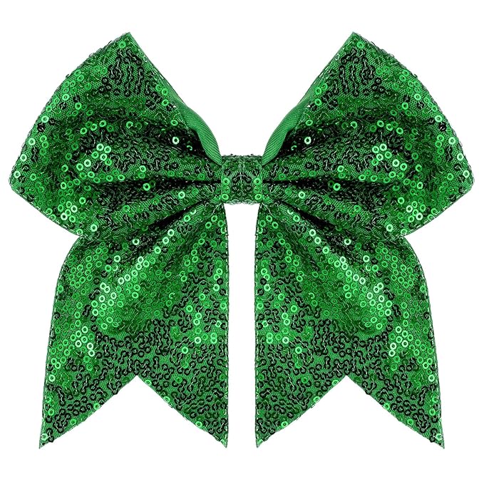 Large Glitter Cheer Bows Clips, Jumbo Big 7 Inch Cheerleading Sequin Hair Bow Hair Accessories for Teens Girls Football Sports Cheerleader Outfit Uniform (Green)