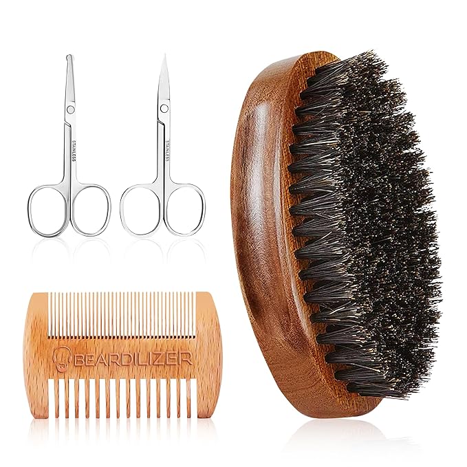 Beardilizer Beard Brush Kit, 100% Pure Boar Bristle Brush, Luxury Wood Comb & 2 Mustache Scissors, Professional Grooming & Care, Beard Accessories for Men
