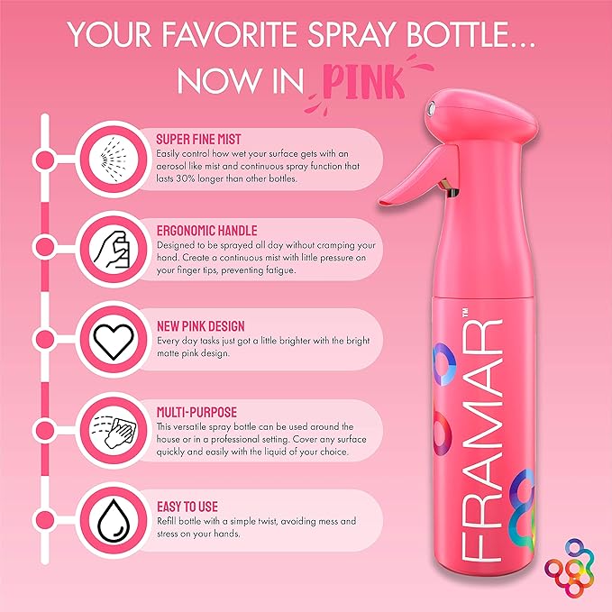 FRAMAR Premium Hair Mister Spray Bottle – Continuous Spray Bottle For Hair, Water Sprayer, Continuous Mister for Salon Supplies – Ultra Fine Mist – Pink 250 ml