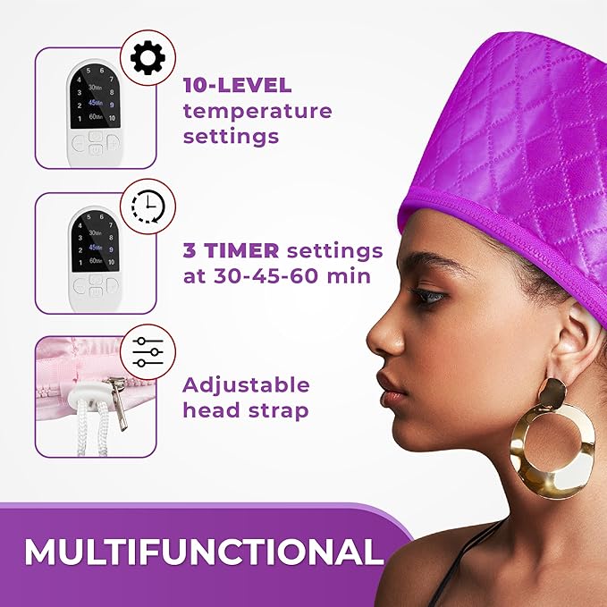 Hair Steamer for Deep Conditioning w/10-level Heats Up Quickly, Heating Cap for Deep Conditioner - Thermal Steam Cap for Black Hair, Great for Hair Treatment (Purple)