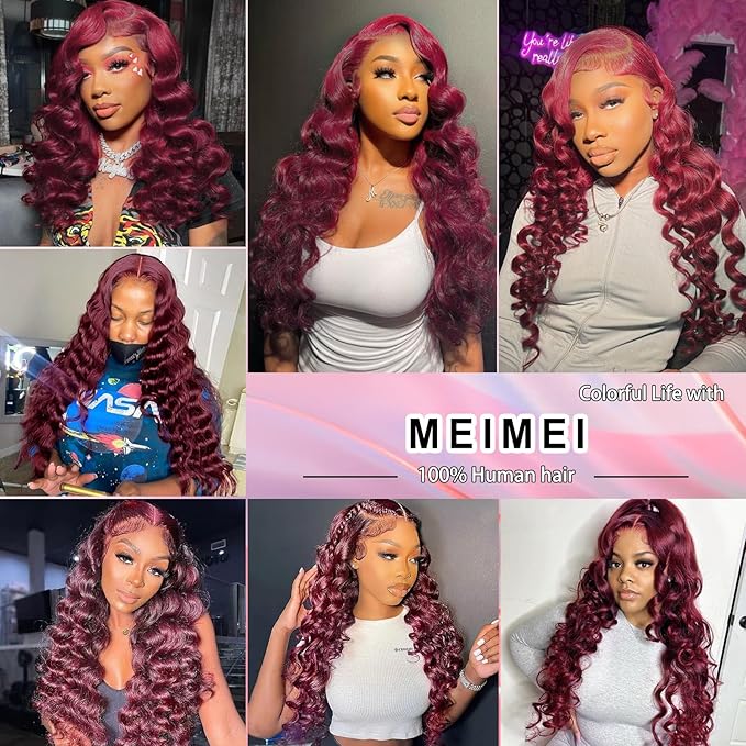 MEIMEI 200 Density Lace Front Wigs Human Hair Loose Wave 99J Burgundy 15A 13x4 Full Large Lace Space Frontal Wig Pre Plucked Burgundy Loose Deep Wave Wigs Human Hair