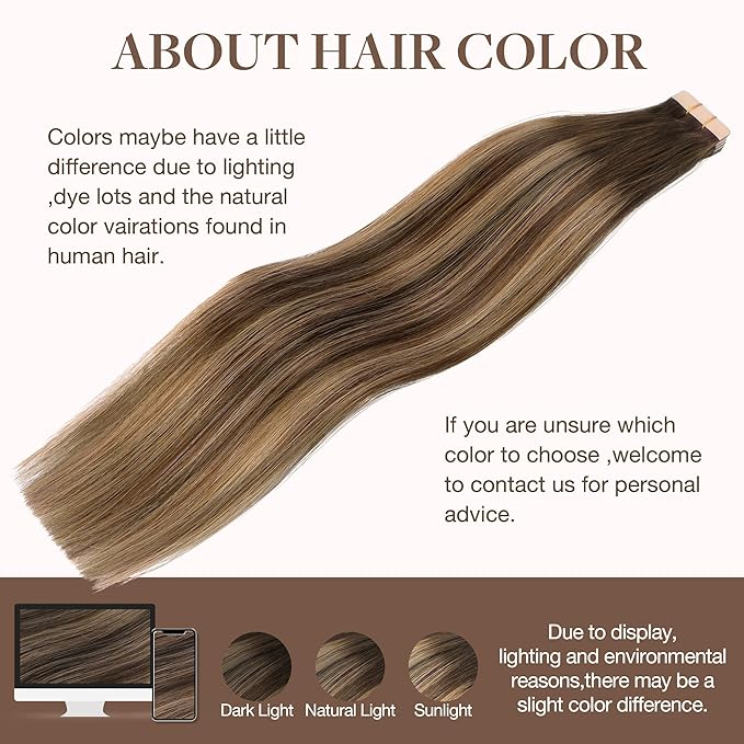 GOO GOO 24inch Tape in Human Hair Extensions Balayage Chocolate Brown to Caramel Blonde Remy, Tape in Balayage Natural , Straight 20pcs 50g