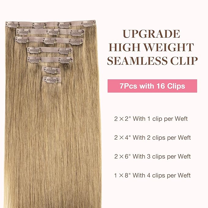 GOO GOO Clip in Hair Extensions Real Human Hair, Remy Human Hair Extensions Clip ins for Women, Natural Human Hair, 24inch 160g 7Pcs, 7 Bronde