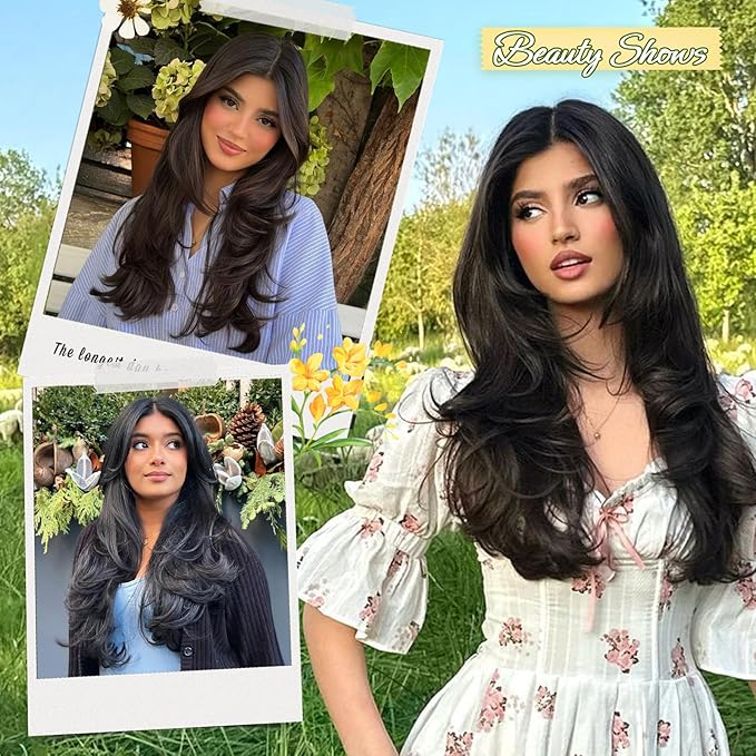 ALXNAN Clip in Hair Extensions, Black Long Wavy Hair Extensions for Women Clip Ins Soft Full Head Synthetic Hairpieces 20 Inch