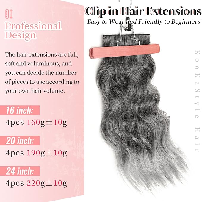 KooKaStyle Clip in Synthetic Hair Extensions Long Wavy 4PCS Thick Hairpieces Grey Sliver Mixed Fiber Double Weft Natural Hair Extensions 20 Inch for Women