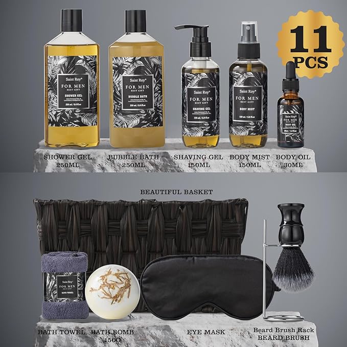 Fathers Bath and Body Gift Set, Birthday Gifts for Men Basket Spa Gift Set for Him Beard Shaving Kit Men's Beard Kit Brush Face Care Perfume Spa Kit, Beard Brush Rack, Christmas Gifts for Dad son Man