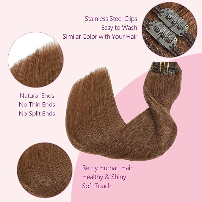 PINKPEARL Clip in Hair Extensions Real Human Hair, Remy Human Hair Extensions Clip ins for Women, Natural Human Hair, 18inch 120g 7Pcs, #33 Auburn(#33-18)