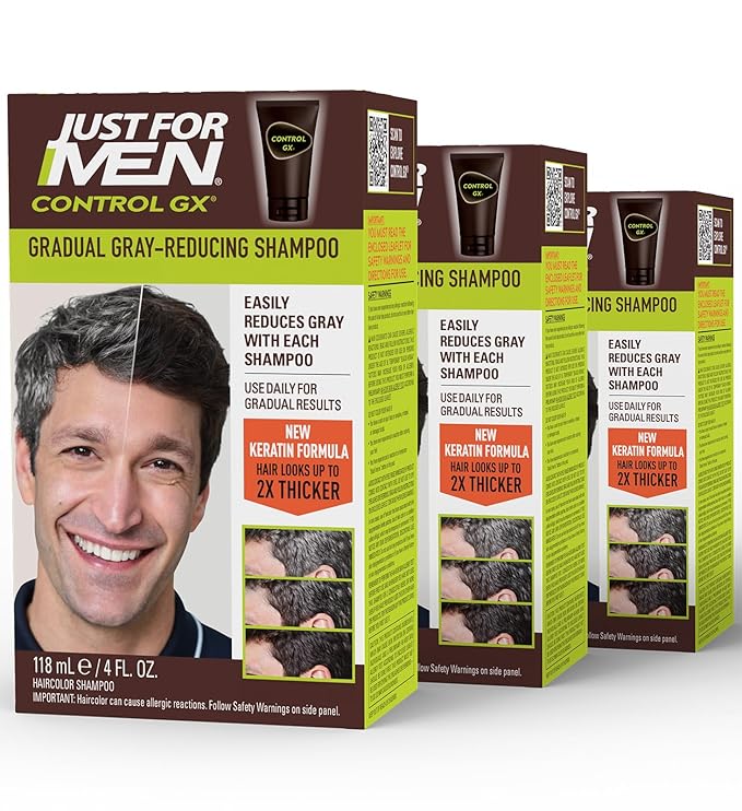 Just for Men Control GX Grey Reducing Shampoo, Gradual Hair Color with Keratin for Stronger Thicker and Healthier Looking Hair, 4 Fl Oz - Pack of 3 (Packaging May Vary)