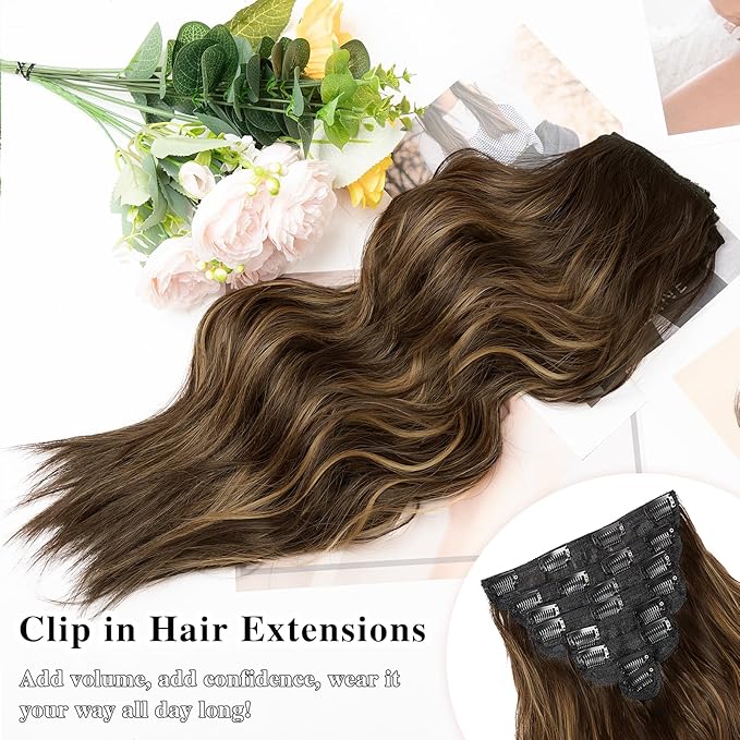 Hair Extensions for Women, 8PCS 20Inch Dark Brown Curly Clip in Hair Extensions Mix Blonde, Synthetic Long Wavy Clip Ins, Full Head Thick Hairpieces for Women