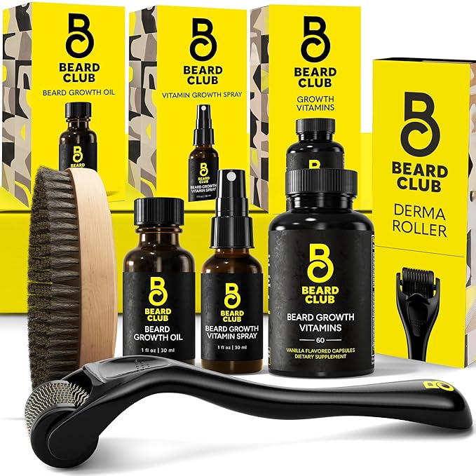 The Beard Club Signature Beard Growth Kit - Derma Roller, Beard Growth Oil, Beard Growth Vitamins, Vitamin Spray & Beard Brush - Gift Set