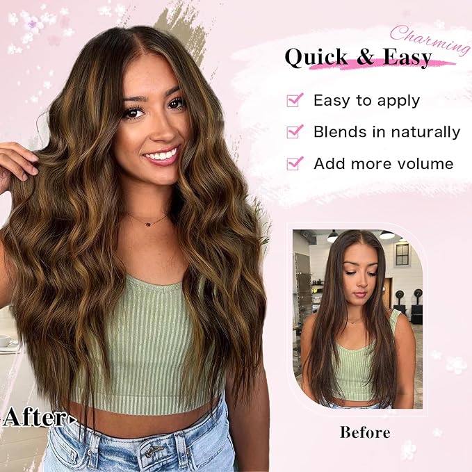 Hair Extensions for Women, 8PCS 20Inch Dark Brown Curly Clip in Hair Extensions Mix Blonde, Synthetic Long Wavy Clip Ins, Full Head Thick Hairpieces for Women