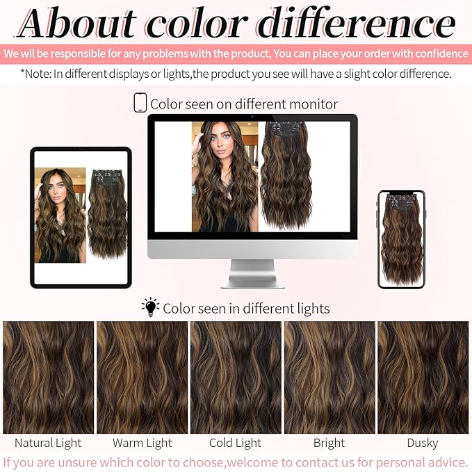 KooKaStyle Clip in Synthetic Hair Extensions Long Wavy 4PCS Thick Hairpieces Balayage Dark Brown to Chestnut Fiber Double Weft Natural Hair Extensions 16 Inch for Women