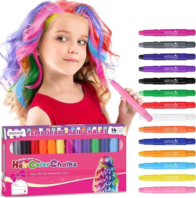 MSDADA Hair Chalk for Girls Kids-14 Temporary Colors Hair Color Dye Washable Makeup Kit DIY Birthday Cosplay Halloween Gifts for Girls Party Supplies Aged 3 4 5 6 7 8 9 10-12