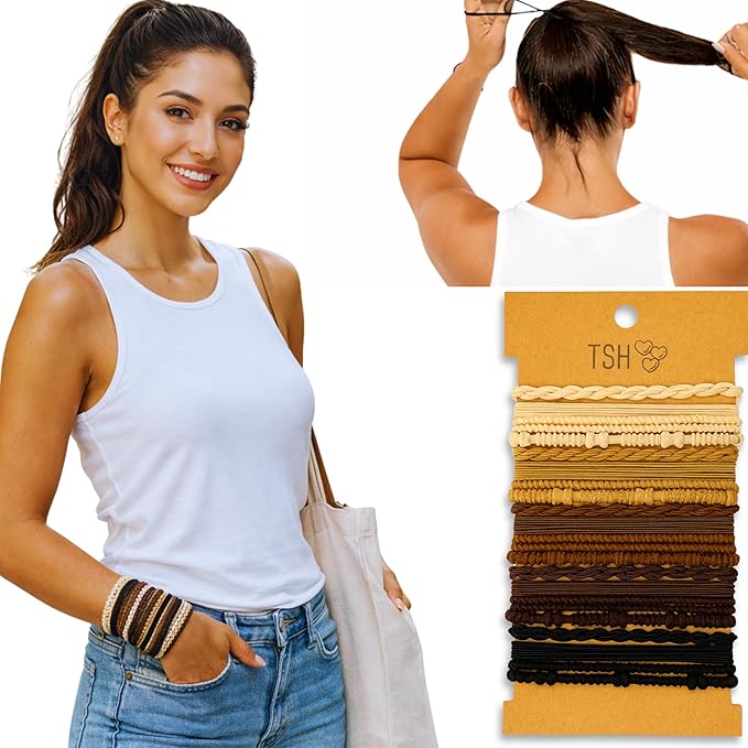 Boho Hair Ties, 20-Pack (4 Styles) Cute Elastic Bands for Thick or Thin Hair, No-Damage Stretch Bracelets, Brown Hair Accessories for Women & Girls (Berry Jamboree)