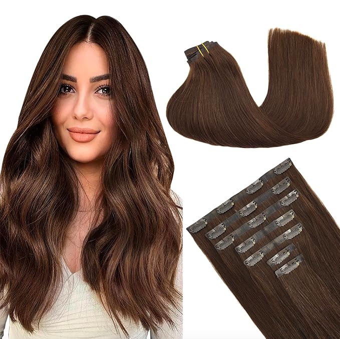 GOO GOO Clip in Hair Extensions Real Human Hair, Remy Human Hair Extensions Clip ins for Women, Natural Human Hair, 22inch 160g 7Pcs, #4A Chocolate Brown
