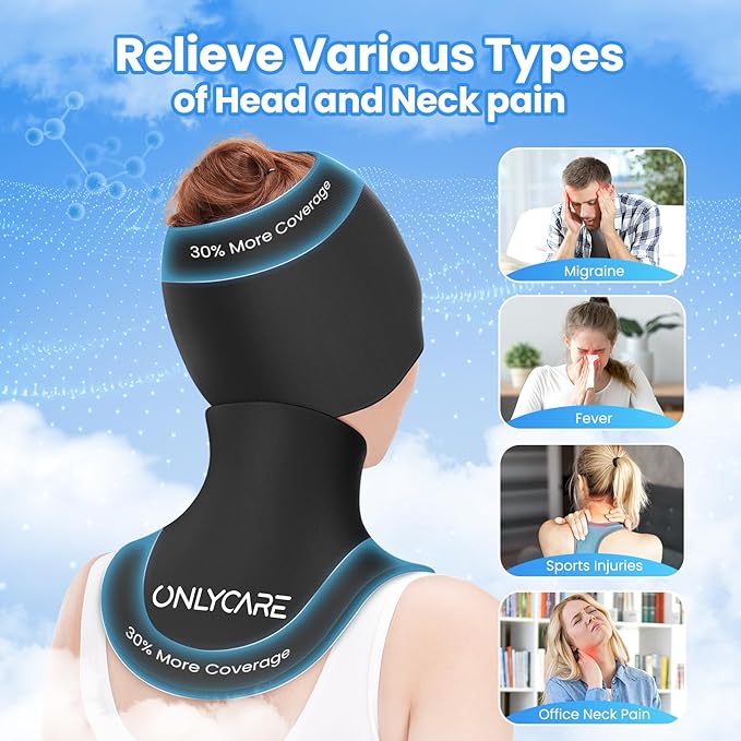 ONLYCARE Migraine Relief Cap and Neck Ice Pack Wrap Gel Set, Upgrade Headache Relief Cap and Shoulder Cold Pack, Hot and Cold Compress, FSA - HSA Eligible, Relief of Pain, Swelling, Office Pressure
