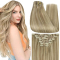 Full Shine Clip in Hair Extensions Blonde Highlights Real Hair Extensions Clip in Human Hair Color 16P22 Golden Blonde Highlighted Straight Full Head 7 Pcs 22 Inch 120 G