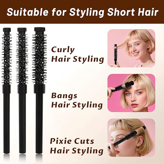3pcs Small Round Hair Brush for Short Hair - Barrel Hair Brush for Blow Drying, Aluminum Round Brush for Bobs, Bangs, Lobs, Roots, Curling, Pixie Cuts, Straight Hair - Black