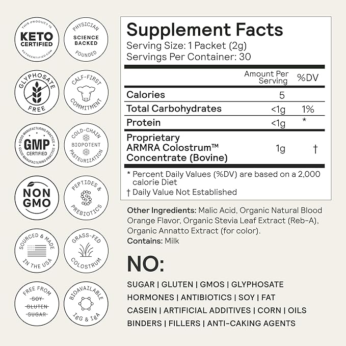 ARMRA Colostrum™ Powder | Blood Orange | Gut Health & Bloating | Skin & Hair | Immunity | Keto, Gluten & Fat-Free | 60 Servings