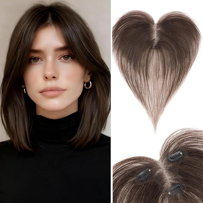 Hair Topper with Side Bangs Human Hair Curtain Bangs Topper for Women,3.54x4.92 T-part Lace Base Real Human Hair Topper Hair Piece for Daily Wear(Side Bangs,Dark Brown)