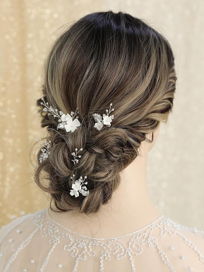Handmade Pearl Bridal Wedding Hair Pins 6Pcs White Flower Gold Leaf Pearls Clips Bridal Hair Accessories for Women Brides Bridesmaid