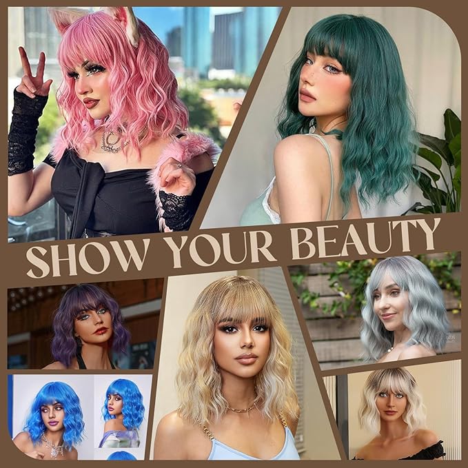 MISSQUEEN Ash Blonde Wavy Wig with Bangs Short Grey Blonde Wavy Bob Wig for Women Colorful Synthetic Heat Resistant Fiber Wigs for Daily Cosplay Costume Party Christmas Holiday Used (12inch)