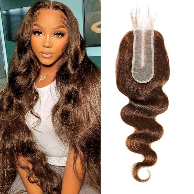 2x6 HD Lace Closure Human Hair Body Wave 4# Chocolate Brown Color Transparent Lace Closure 2x6 Long Deep Middle Part 100% Raw Virgin Human Hair 14 Inch 150% Density