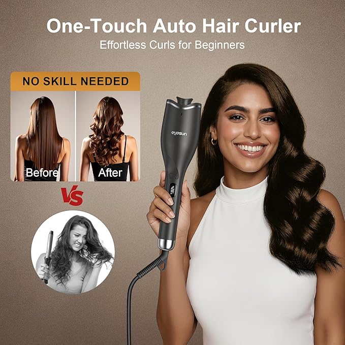 Hair Curling Irons,Automatic Portable Rotating Curling Iron with LCD Display,4Temperature Settings,Timers(12-19s),Auto Shut-Off,Anti-Scald,Anti-Tangle,Lightweight,Fast Heating&Easy Use for Travel