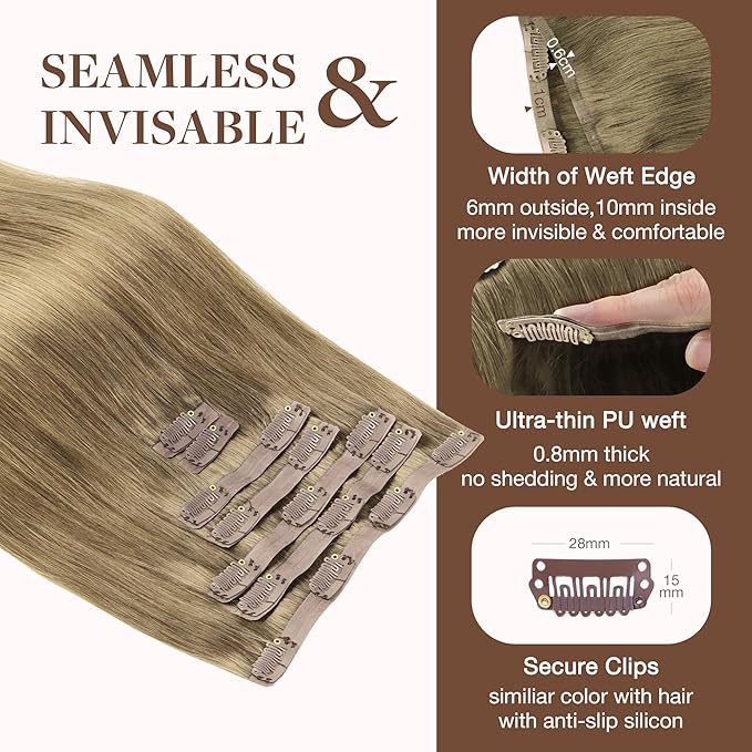 GOO GOO Clip in Hair Extensions Real Human Hair, Remy Human Hair Extensions Clip ins for Women, Natural Human Hair, 24inch 160g 7Pcs, 7 Bronde