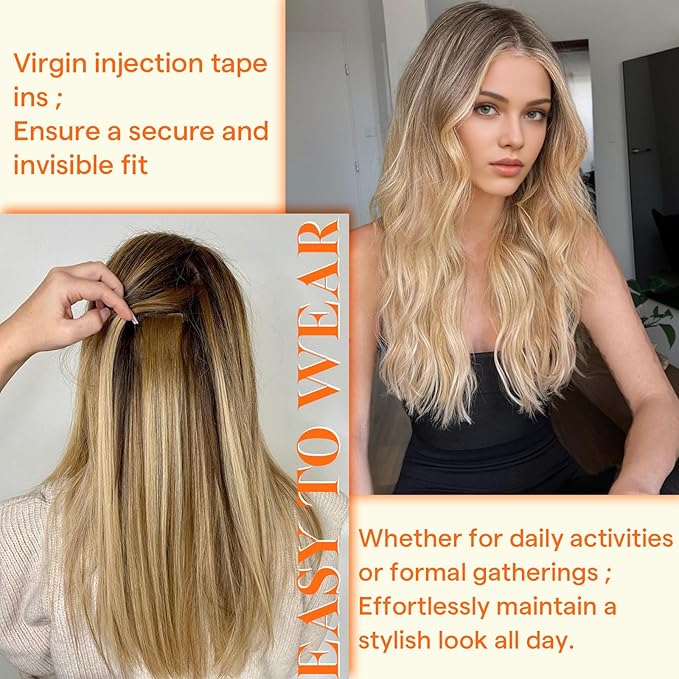 Full Shine Insert Virgin Tape in Hair Extensions Color Black Seamless Human Hair Tape in Extensions 25Gram Invisible Injection Tape Hair Extensions Real Human Hair 24Inch 10Pcs for Travel