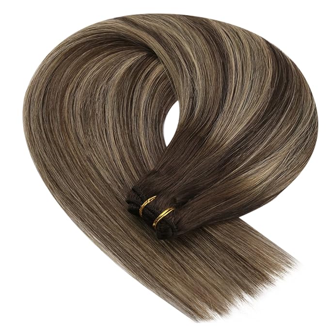 YoungSee 100g Weft Hair Extensions Human Hair Brown Balayage Sew in Hair Extensions Real Human Hair Dark Brown Mix Caramel Blonde Balayage Short Human Hair Weft Extensions 14In
