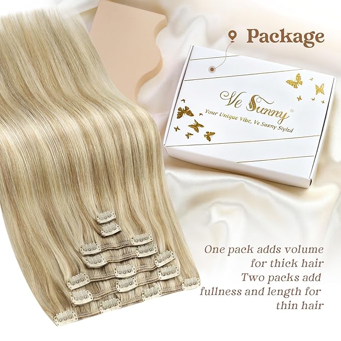 Ve Sunny Clip in Hair Extensions Real Human Hair Dark Blonde Highlights Golden Blonde Human Hair Clip in Extensions Real Human Hair Extensions for Women Thick Hair 7pcs 100g 14 inch