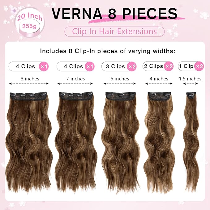 Clip in Hair Extensions for Women, 20 Inch Light Brown Hair Extensions Mix Blonde, 8PCS Curly Seamless Clip Ins Wavy, Synthetic Lace Weft Hairpieces for Daily Party Use