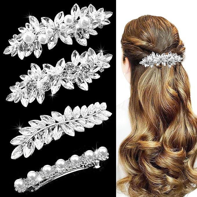 4pcs Rhinestone Pearl Wedding Hair Clips Silver New Bride Bridesmaid Spring Clips French Hairpins Elegant Floral Stylish Accessories Gift for Women Girls