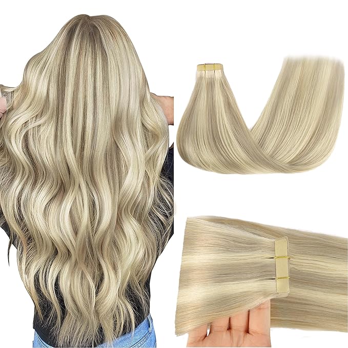 GOO GOO Tape in Hair Extensions Human Hair, 17A/60A Ash Blonde Highlighted Platinum Blonde, 22inch 50g 20pcs, Skin Weft Seamless Invisible, Silky Straight with Thick Ends, Remy Human Hair