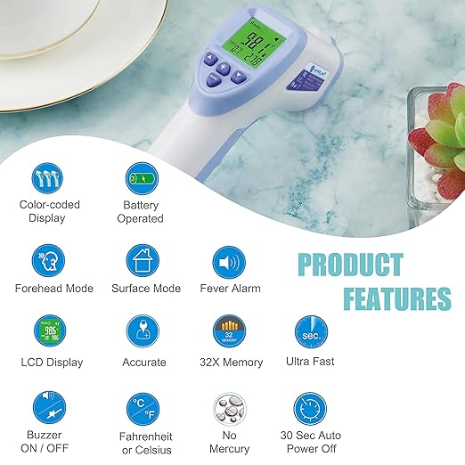 Amplim Digital Forehead Thermometer for Kids, Adults, and Babies - Touchless, Non-Contact Fever Thermometer with Temporal Head Function - No-Touch Thermometer for Accurate Temperature