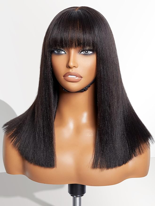 LUVME HAIR 14 Inch Light Yaki Straight Bob Wig with Bangs Human Hair Realistic HD Lace Short Black Bob Wigs, Ready to Go Blunt Cut Bob Wig Glueless 180 Density